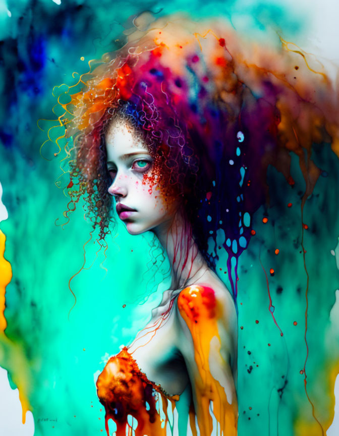 Vibrant surreal portrait with liquid-like effects