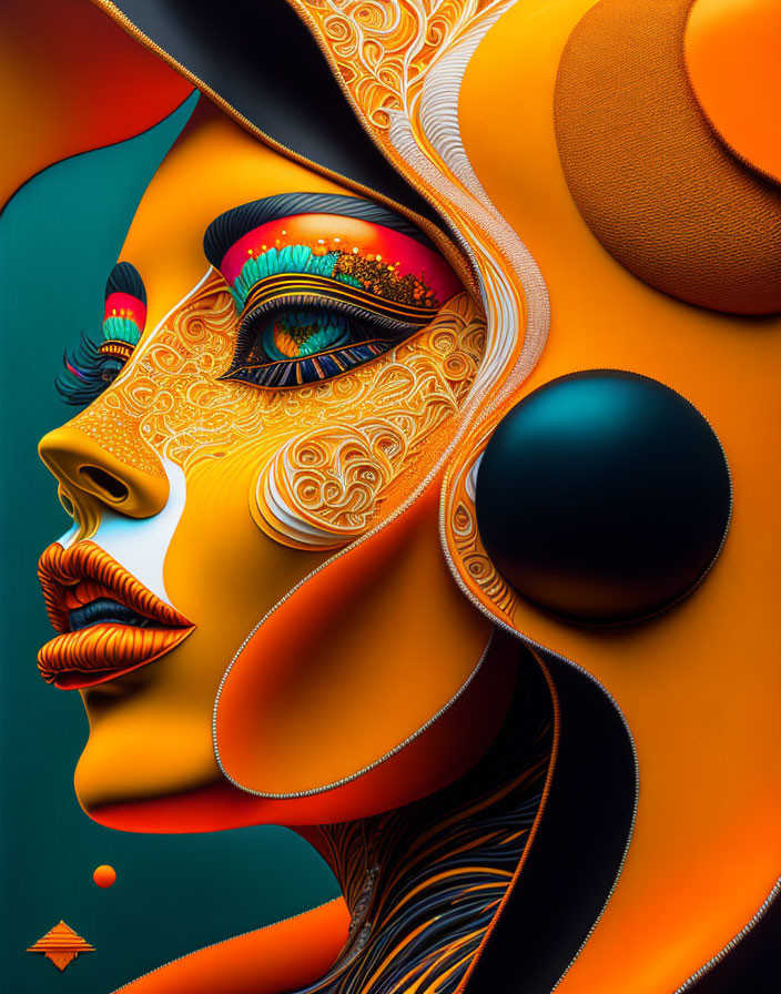 Vibrant digital artwork: stylized female face with intricate patterns and abstract warm shapes