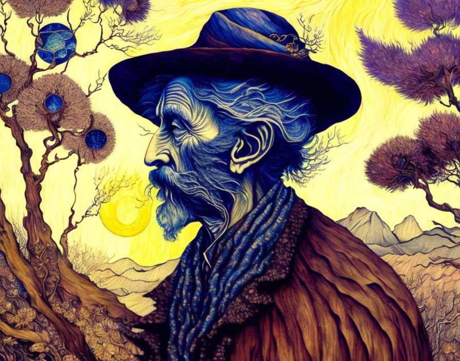 Elderly man with beard and hat in vibrant landscape with crescent moon