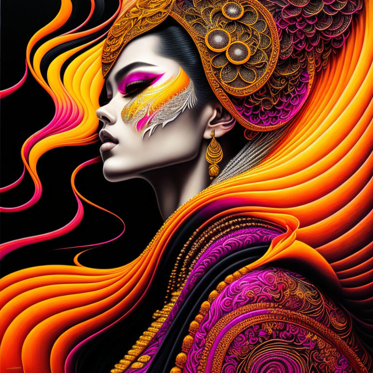 Vibrant orange-haired woman with gold and purple headdress in intricate illustration