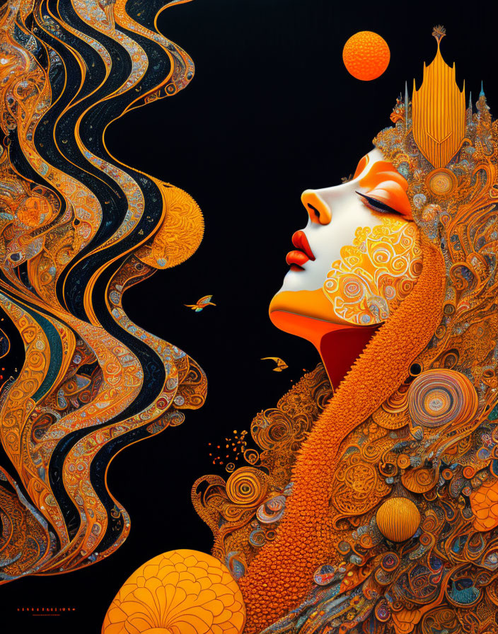 Surreal portrait of a woman with orange and yellow patterns on black background