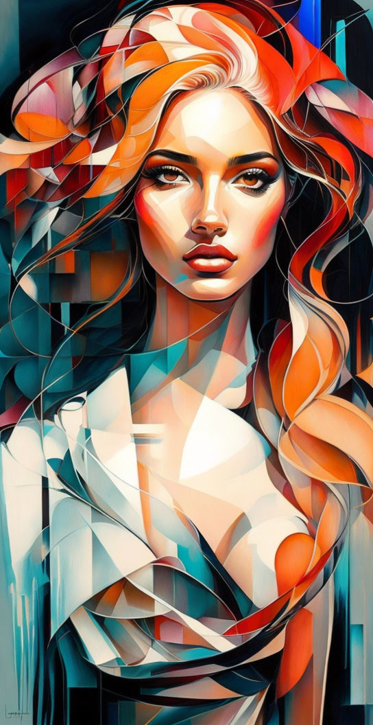 Colorful portrait of woman with orange hair and geometric shapes