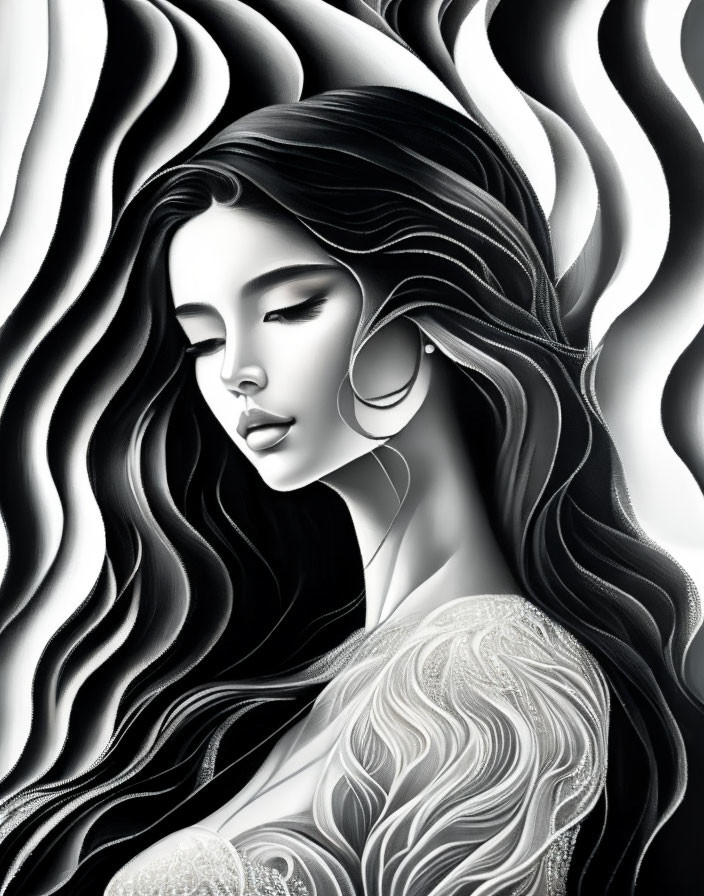 Monochrome artwork of a woman with flowing hair and intricate clothing patterns