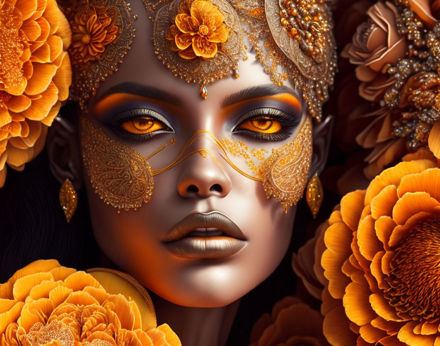 Digital artwork of woman with gold facial jewelry and orange flowers.