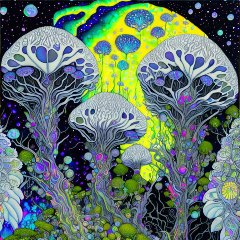 Colorful Psychedelic Forest Artwork with Mushroom Trees and Starry Night Sky