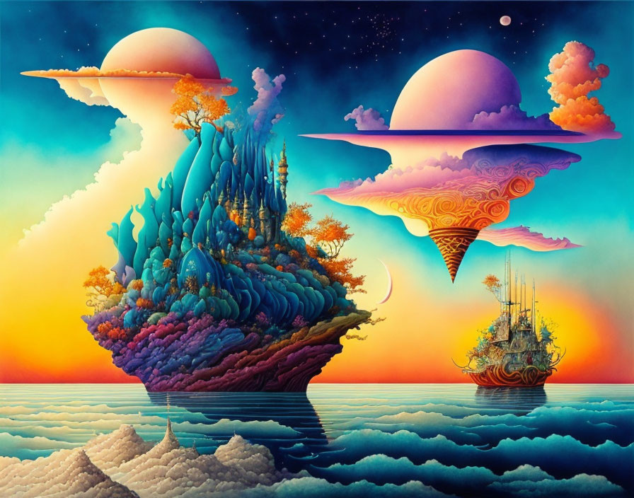 Colorful surrealist painting with floating landmasses and fantastical architecture