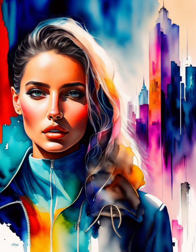 Colorful digital portrait of a woman against cityscape backdrop