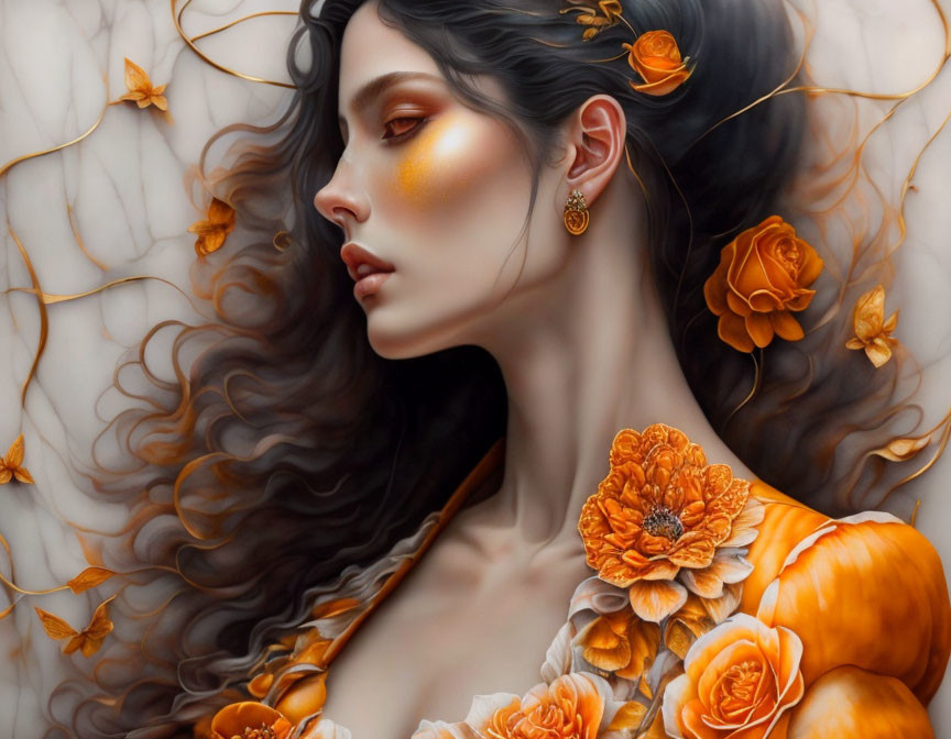 Digital Artwork: Woman with Flowing Hair and Autumnal Orange Flowers