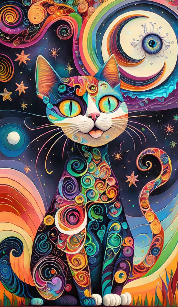 Vibrant Psychedelic Cat Art with Swirls and Stars