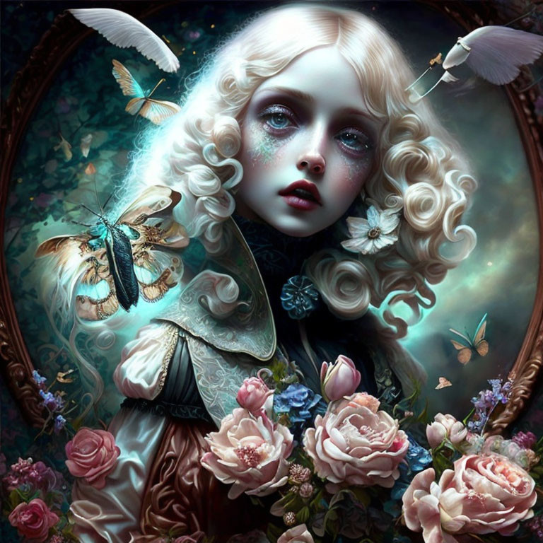 Surreal portrait of a girl with pale skin and blond hair among butterflies, flowers, and feathers