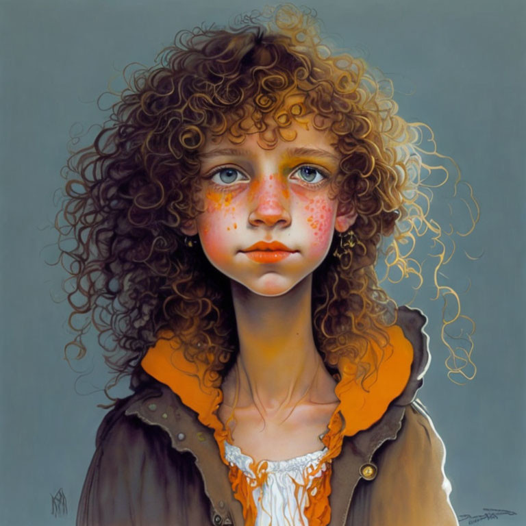 Young girl with curly hair and freckles in brown jacket and orange shirt