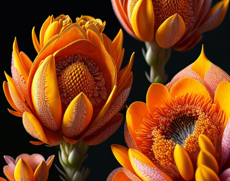 Detailed Close-Up of Vibrant Orange Flowers on Dark Background