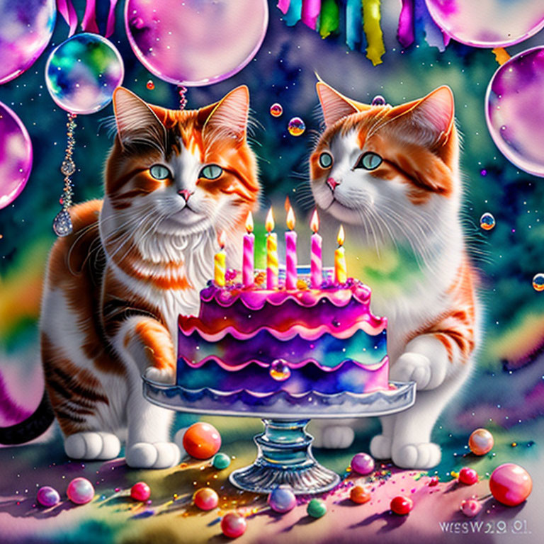 Vibrant Orange and White Cats with Green Eyes by Colorful Birthday Cake