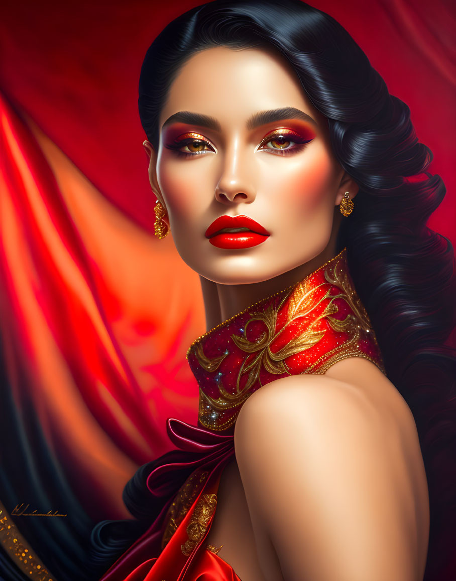 Striking makeup and flowing black hair in digital portrait