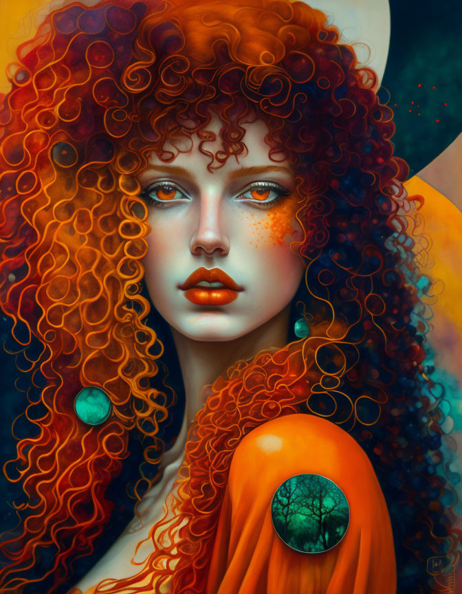 Voluminous Curly Red Hair Woman Digital Painting