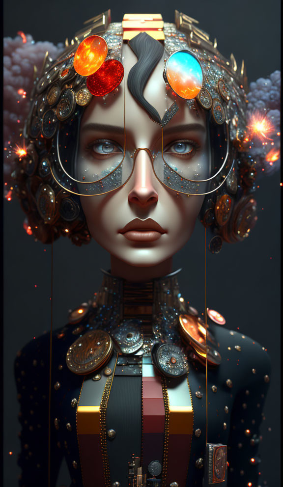 Futuristic digital artwork of woman with ornate headdress