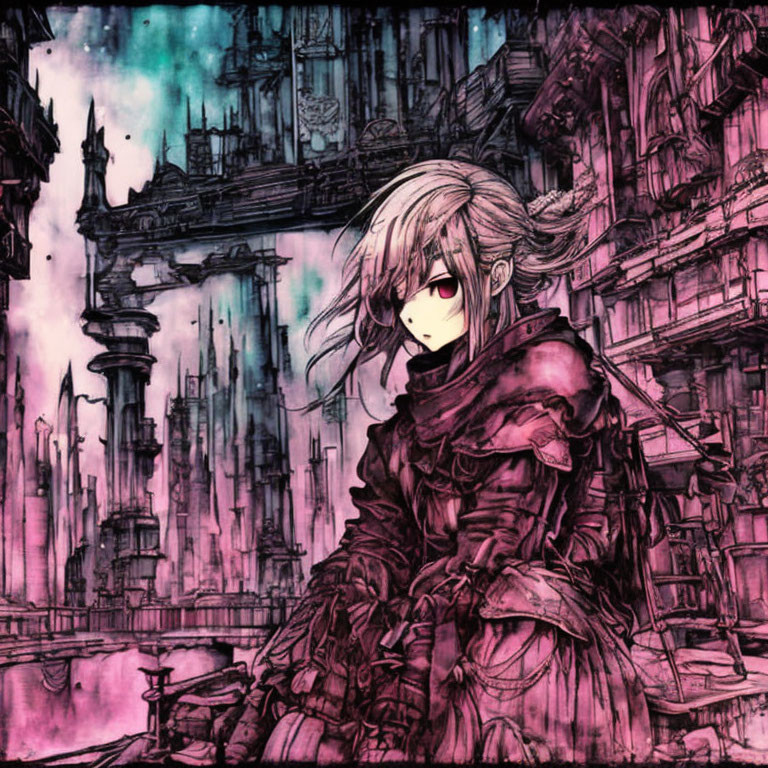 Long-haired anime character in red cloak against gothic backdrop