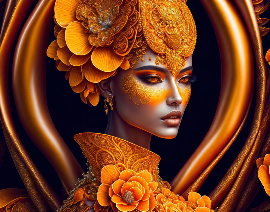 Woman adorned with gold and floral embellishments and orange swirling patterns