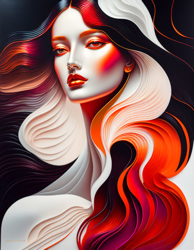 Stylized portrait of woman with black and white hair and red highlights