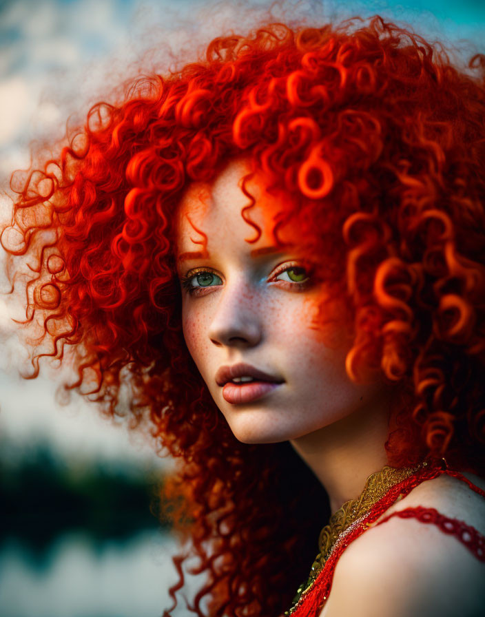 Curly red-haired woman with freckles gazing intently in blurred background