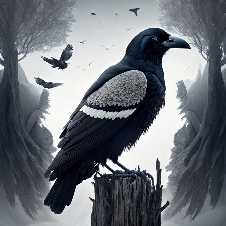 Detailed black raven on stump with silhouetted trees and flying birds against misty sky