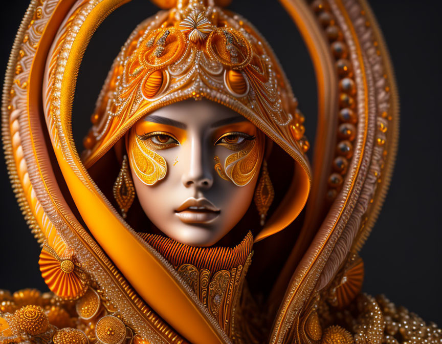 3D-rendered figure with ornate golden headdress and jewelry