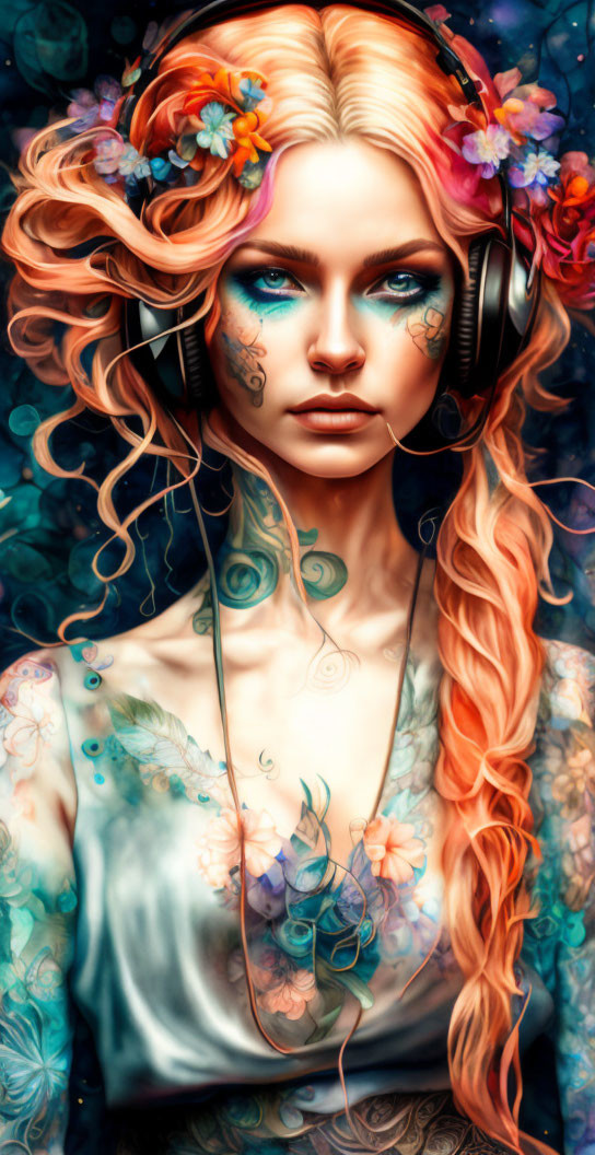 Colorful digital artwork: Woman with orange hair, blue eyes, headphones, and floral tattoos