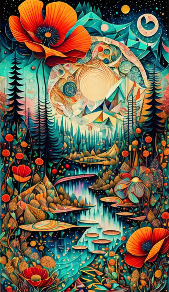 Colorful Psychedelic Artwork with Red Poppies, River, Forests, Celestial