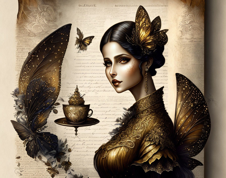 Illustrated woman with butterfly wing ears and coffee cup on vintage parchment.