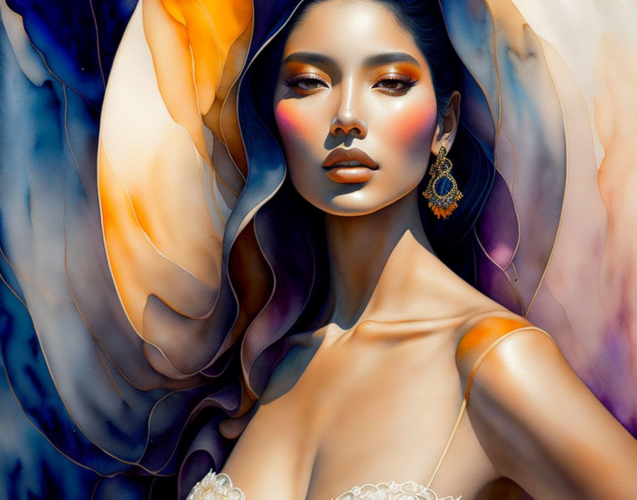 Colorful flowing fabric enhances elegant beauty in woman's portrait