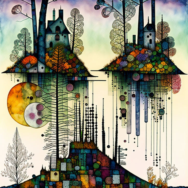 Mirrored fantastical landscapes with vibrant floating elements