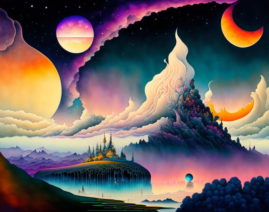 Surreal landscape with wave-like mountain, colorful skies, and cliff-top castle