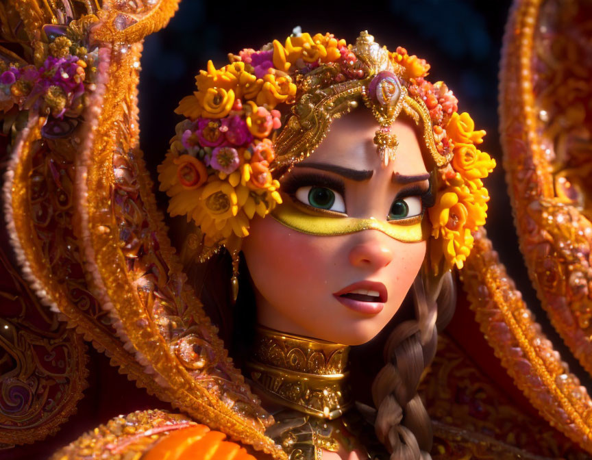 Close-up of 3D-animated female character with golden head jewelry, braid, and flower