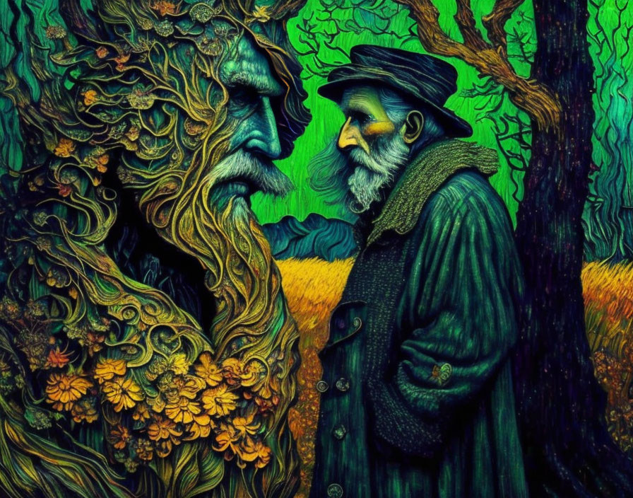 Elderly man near fantastical tree creature in colorful forest