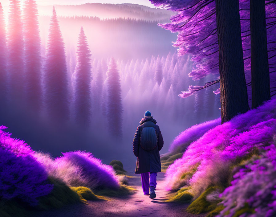 Person walking through mystical forest with purple foliage and sunlight rays.