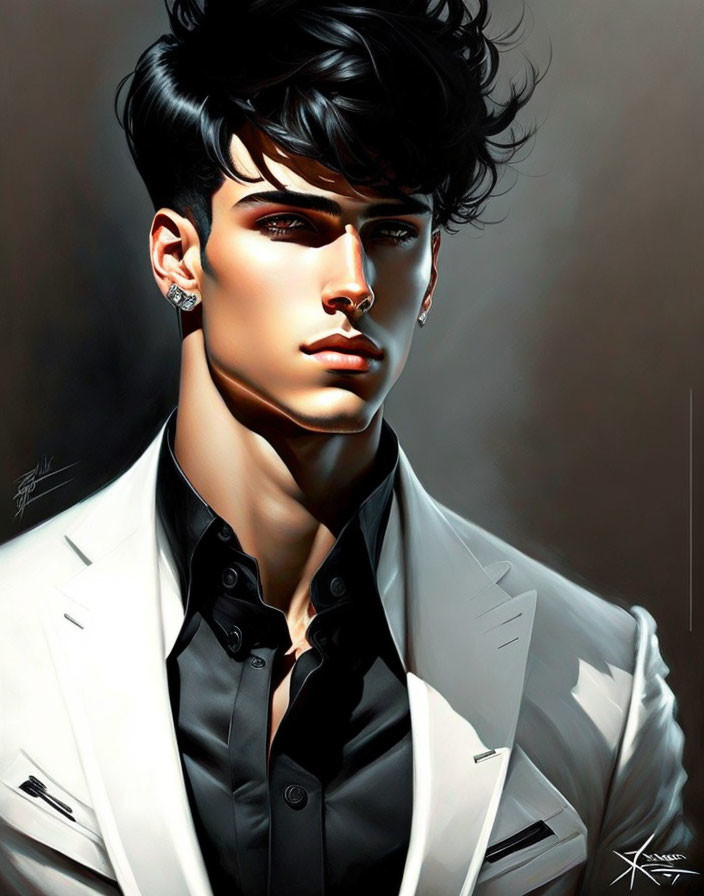 Man with Dramatic Black Hair in White Jacket Portrait