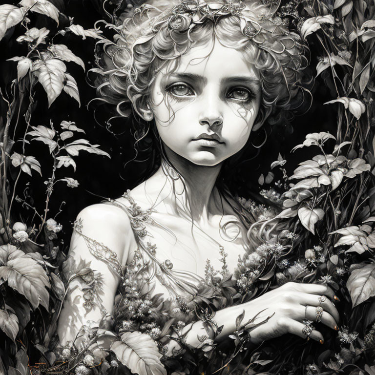 Monochromatic portrait of young girl with curly hair and floral patterns