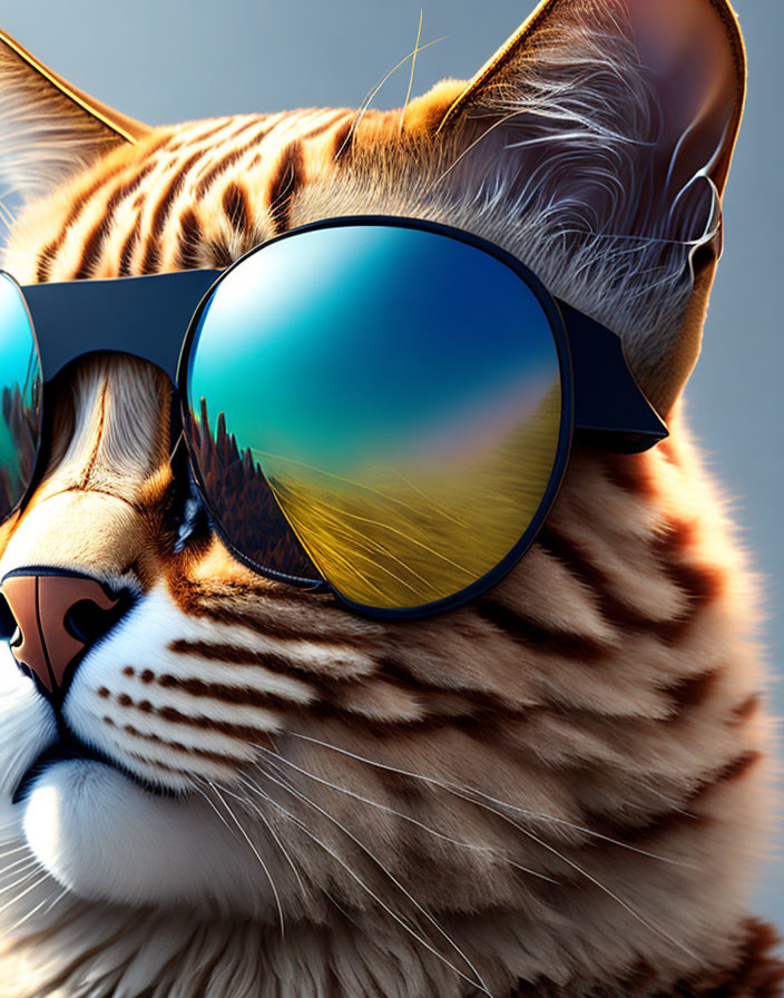 Cat with Sunglasses Reflecting Sunset