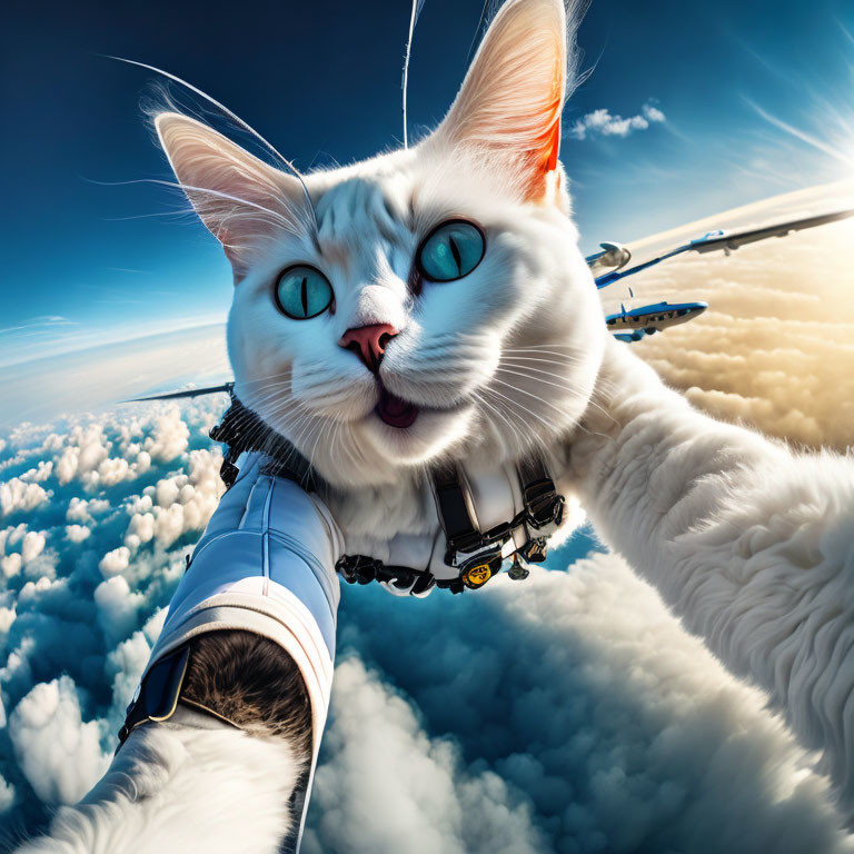 Exaggerated features cat skydiving with plane in whimsical scene