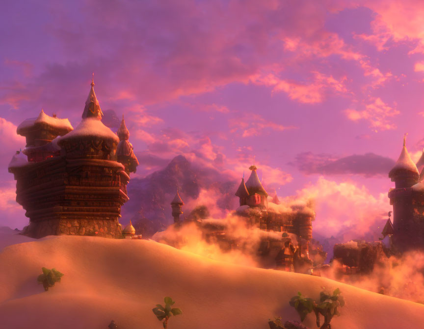 Snow-capped turrets and floating islands in a purple sunset fantasy landscape