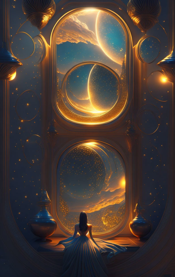 Figure in flowing robe admires celestial orbs in ornate setting.