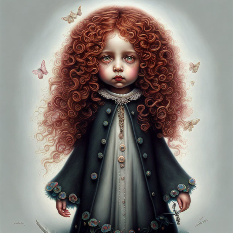 Stylized portrait of a sad girl with red curly hair and butterflies