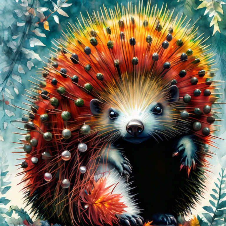 Colorful Hedgehog with Orange Spikes on Leafy Background