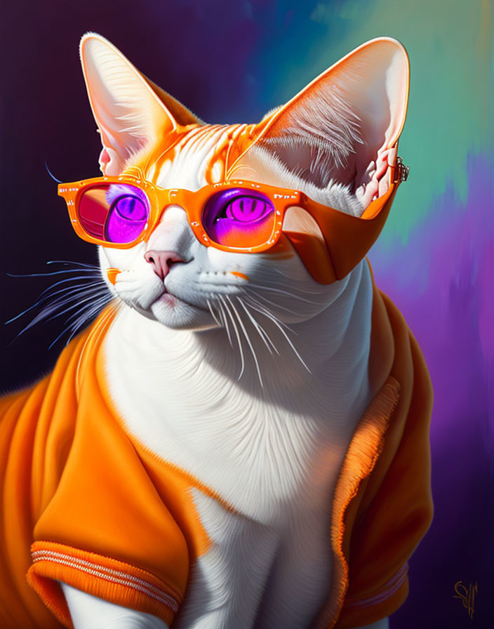 White cat in orange sunglasses and hoodie on purple-blue background