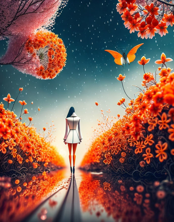 Person with Umbrella Walking Among Orange Flowers with Falling Petals and Butterfly under Starry Sky