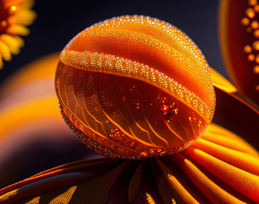 Detailed Close-Up of Intricately Patterned Orange Sphere on Dark Floral Background