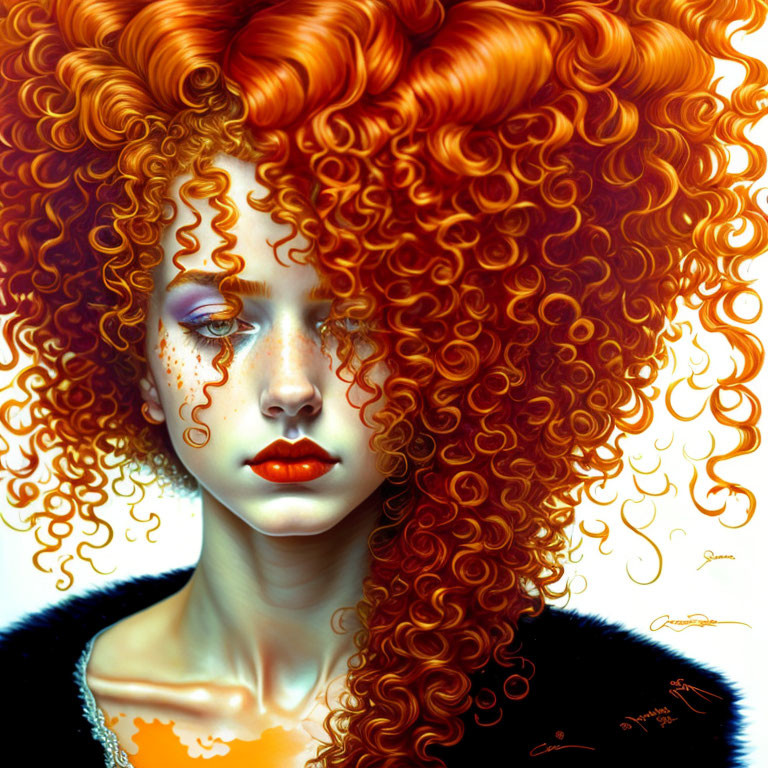 Digital artwork: Woman with voluminous curly red hair, pale skin, freckles, and red