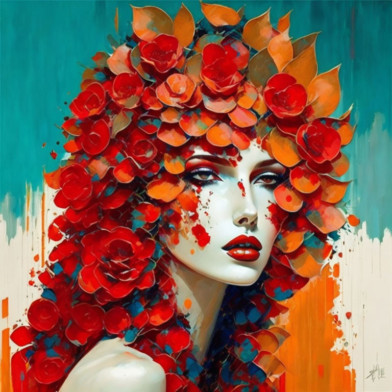 Woman with Red Floral Hair in Teal Background