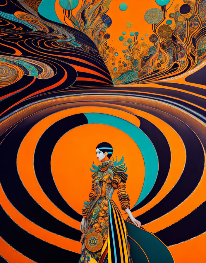 Elaborately dressed woman in front of swirling abstract backdrop