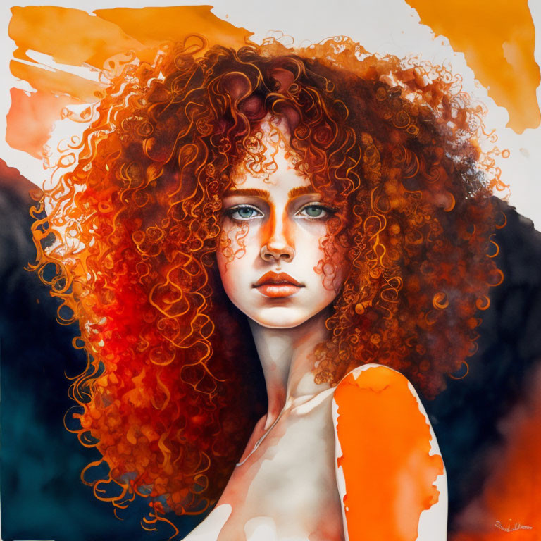 Woman with Curly Red Hair and Blue Eyes in Warm Toned Portrait